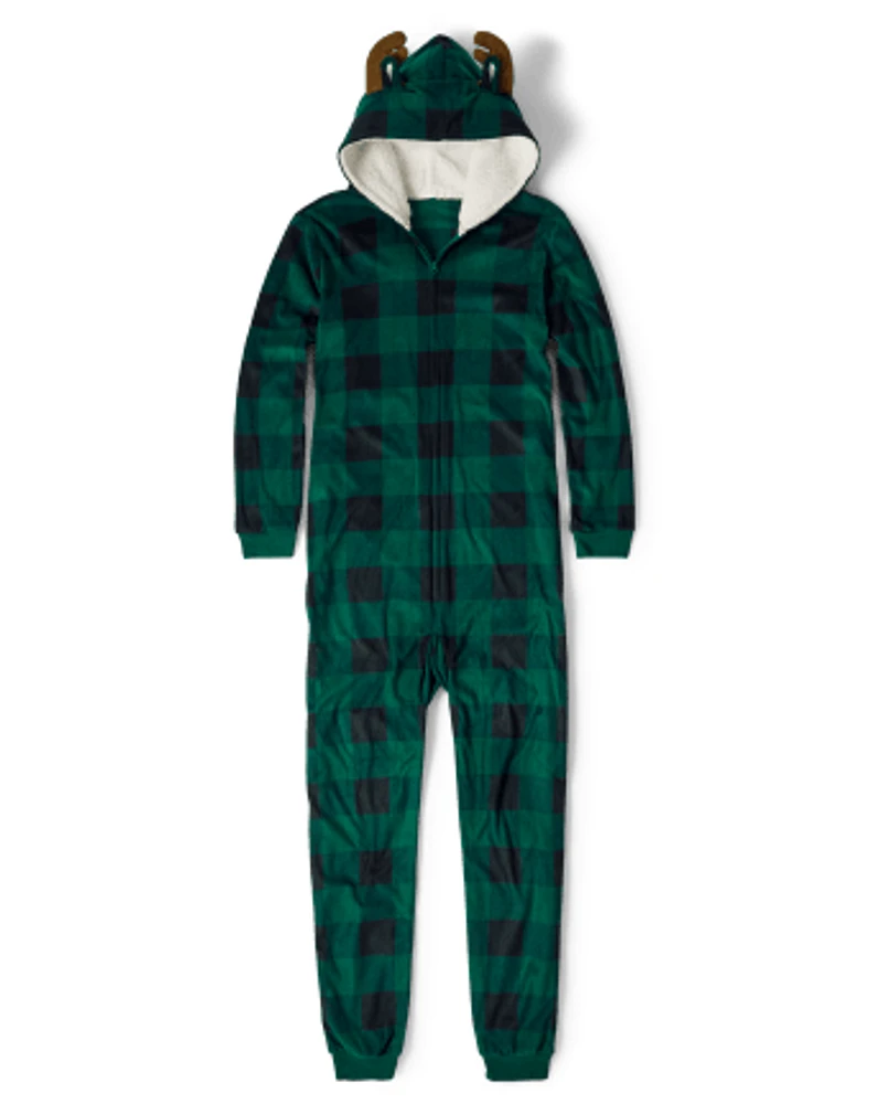 Unisex Adult Matching Family Buffalo Plaid Moose Microfleece Hooded One Piece Pajamas