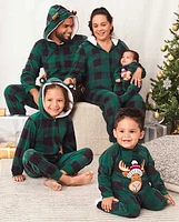 Kids Matching Family Buffalo Plaid Moose Microfleece Hooded One Piece Pajamas