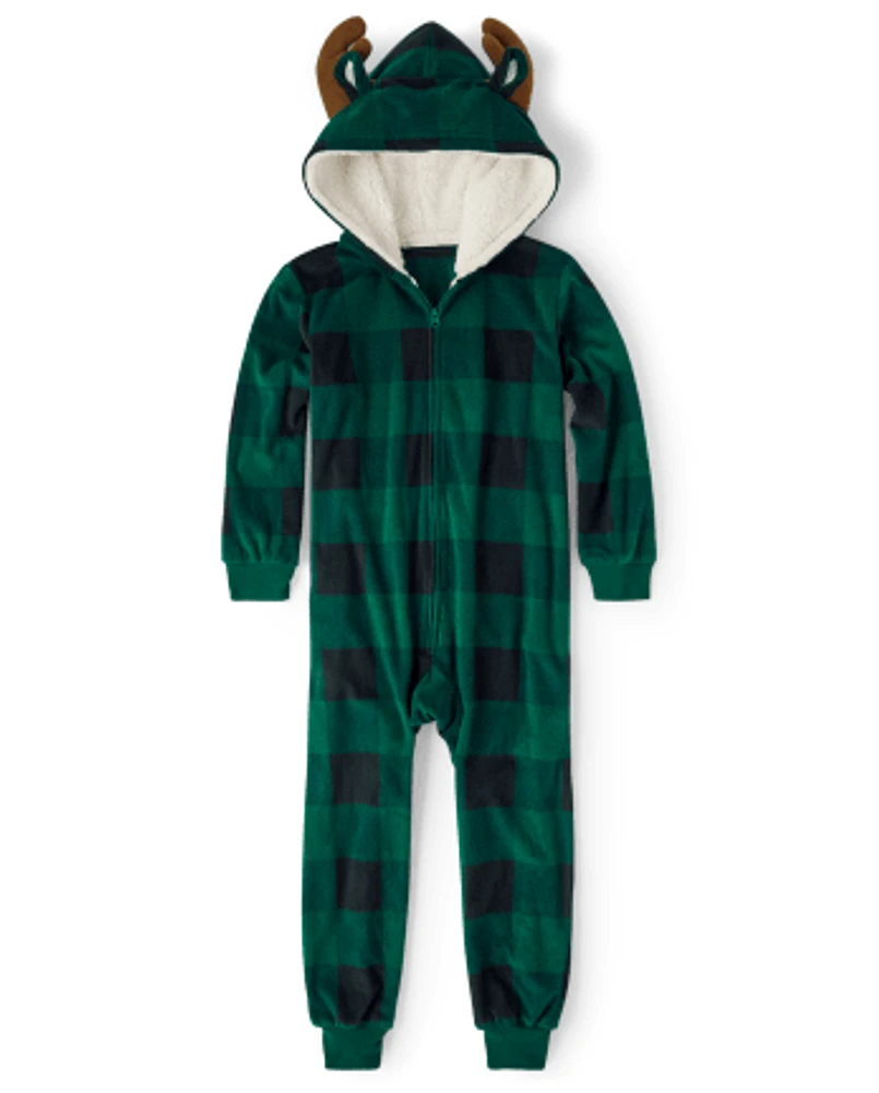 Unisex Kids Matching Family Buffalo Plaid Moose Microfleece Hooded One Piece Pajamas