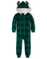 Kids Matching Family Buffalo Plaid Moose Microfleece Hooded One Piece Pajamas