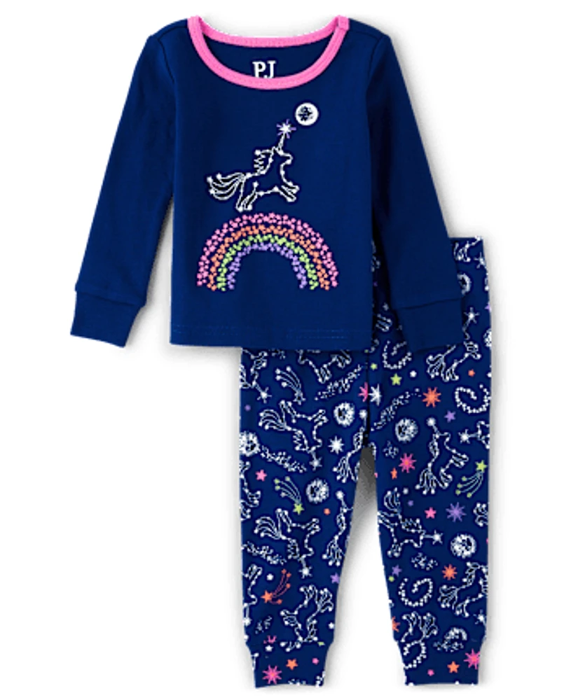 Baby And Toddler Girls Glow Unicorn Rainbow Snug Fit Cotton Pajamas