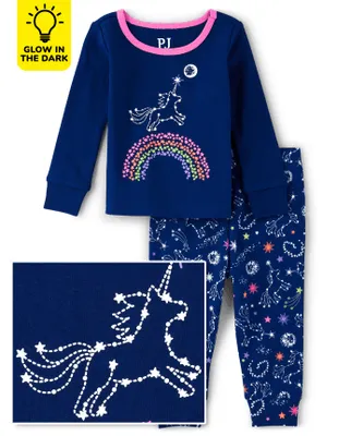 Baby And Toddler Girls Glow Unicorn Rainbow Snug Fit Cotton Pajamas