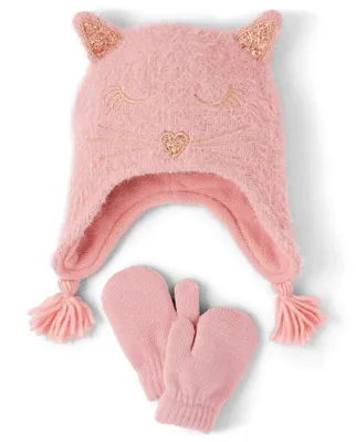 Baby And Toddler Girls Cat Hat Mittens 2-Piece Set
