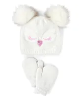 Baby And Toddler Girls Owl Hat Mittens 2-Piece Set