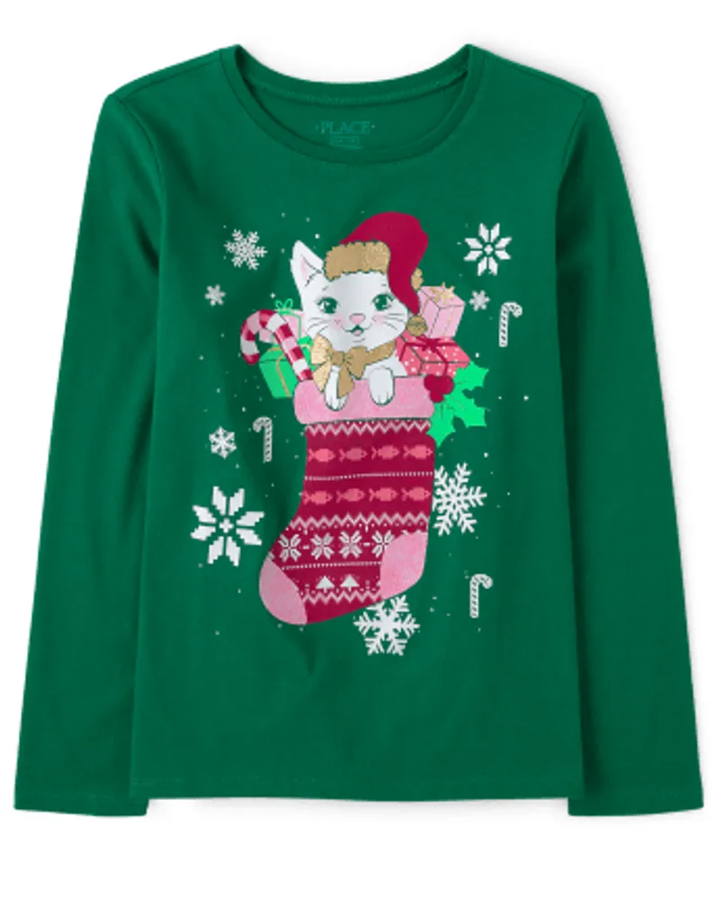 Girls Cat Stocking Graphic Tee