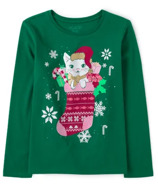 Girls Cat Stocking Graphic Tee