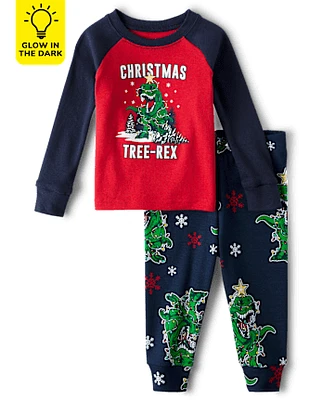 Unisex Baby And Toddler Matching Family Glow Christmas Tree-Rex Snug Fit Cotton Pajamas