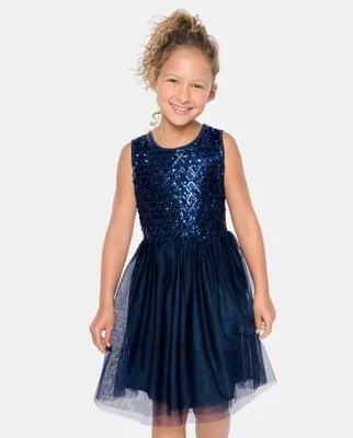 Girls Sequin Mesh Fit And Flare Dress