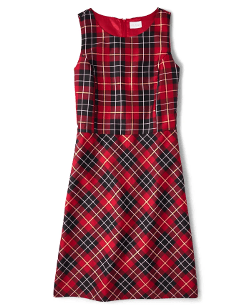 Womens Matching Family Plaid Satin A-Line Dress