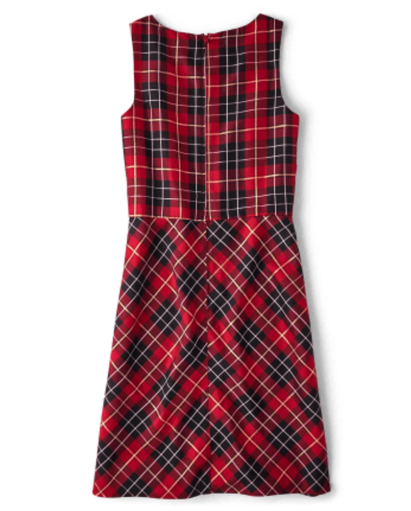 Womens Matching Family Plaid Satin A-Line Dress