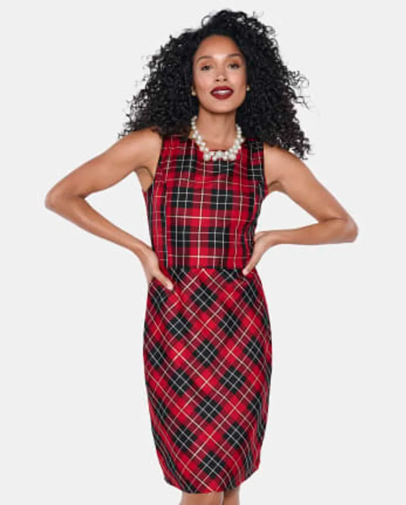 Womens Matching Family Plaid Satin A-Line Dress