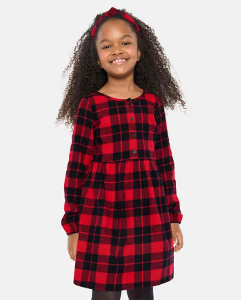 Matching Long-Sleeve Button-Front Plaid Dress for Girls