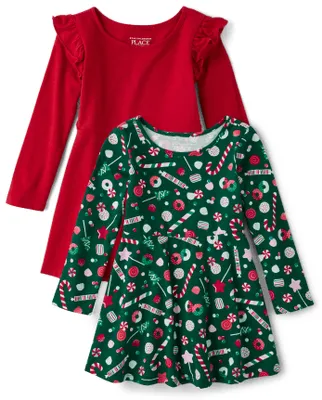 Toddler Girls Christmas Candy Everyday Dress 2-Pack