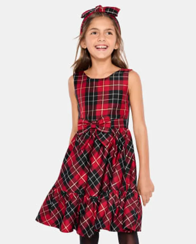 The Children's Place Girls Matching Family Plaid Satin Tiered Fit