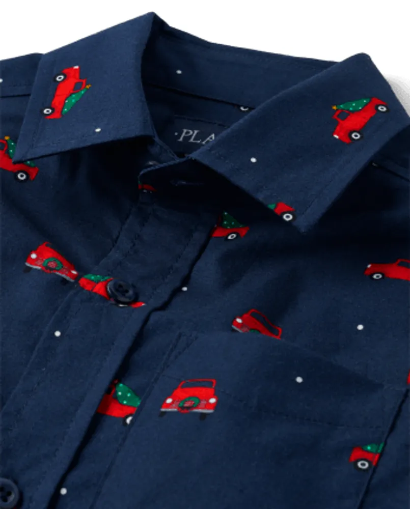 Boys Christmas Truck Poplin Button Up Shirt