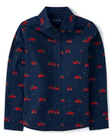 Boys Christmas Truck Poplin Button Up Shirt