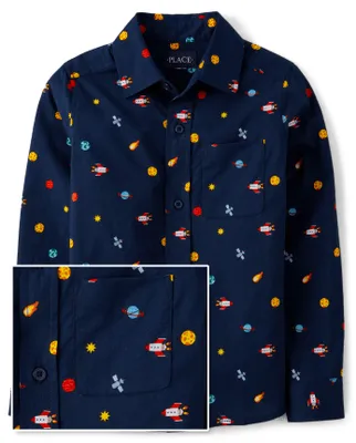 Boys Space Poplin Button Up Shirt