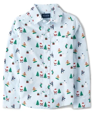 Boys Christmas Poplin Button Up Shirt