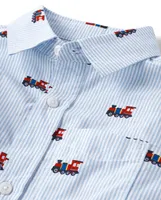 Boys Striped Train Poplin Button Up Shirt