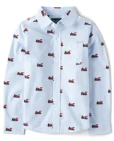 Boys Striped Train Poplin Button Up Shirt