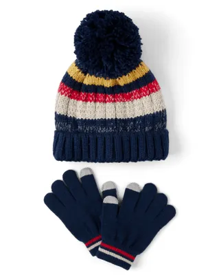 Boys Colorblock Pom Beanie And Texting Gloves 2-Piece Set