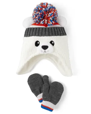 Toddler Boys Polar Bear Hat And Mittens 2-Piece Set
