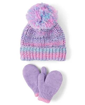 Toddler Girls Space Dye Pom Beanie And Mittens 2-Piece Set