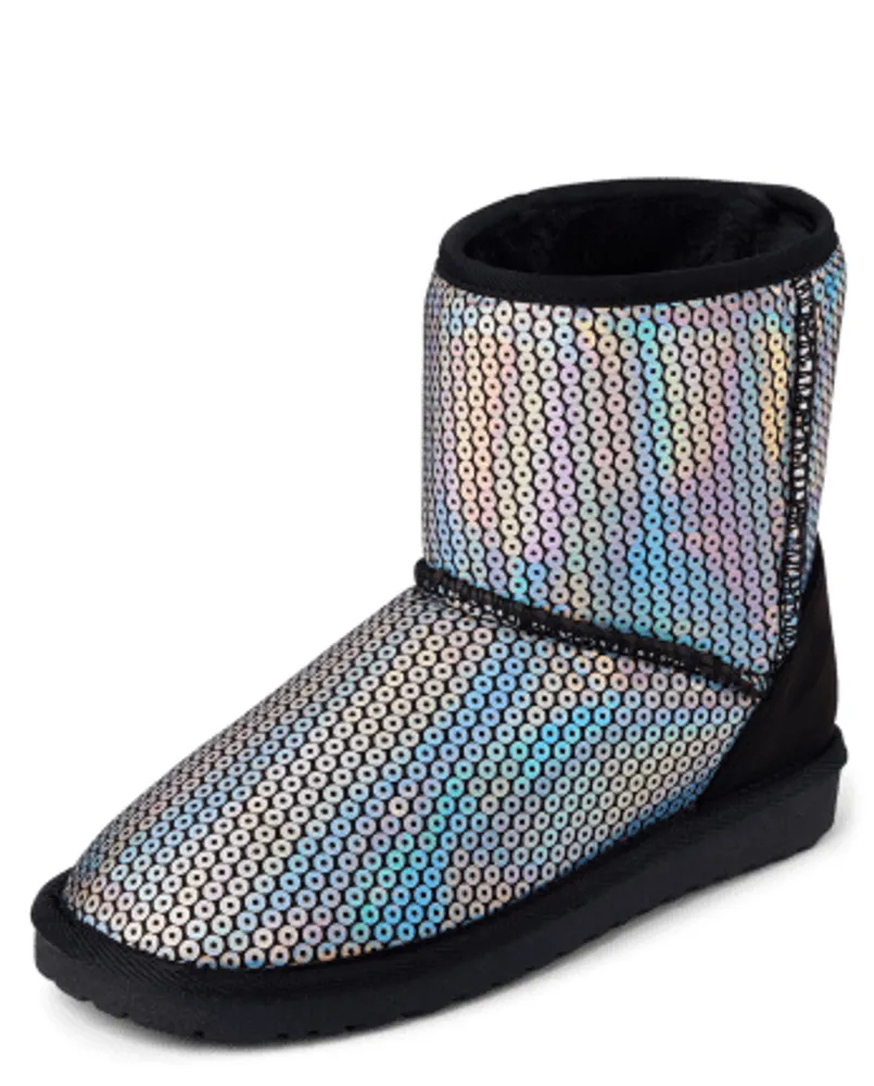 Girls Holographic Faux Sequin Chalet Boots