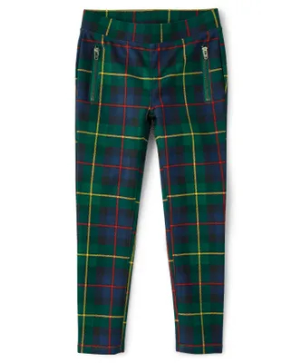 Girls Plaid Zipper Ponte Knit Jeggings