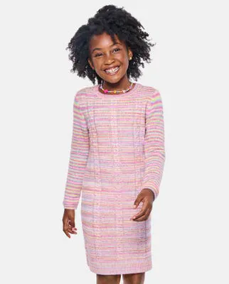 Girls Rainbow Striped Cable Knit Sweater Dress