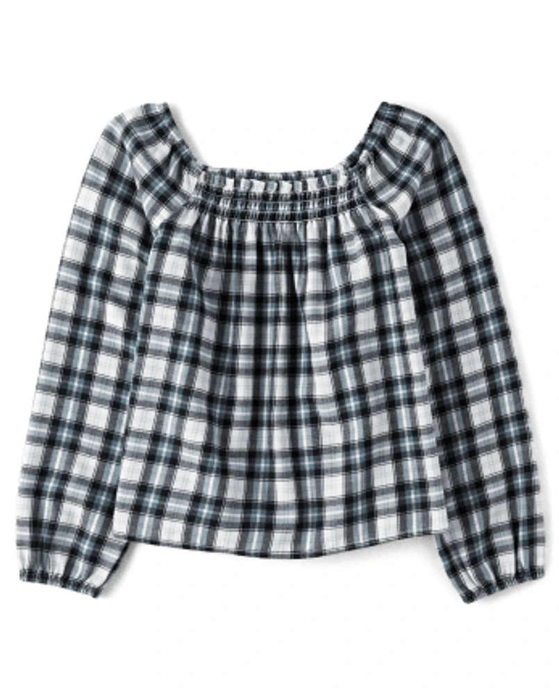 Girls Plaid Twill Smocked Top