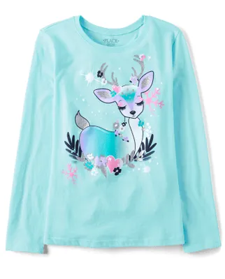 Girls Winter Deer Graphic Tee
