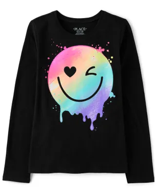 Girls Rainbow Happy Face Graphic Tee