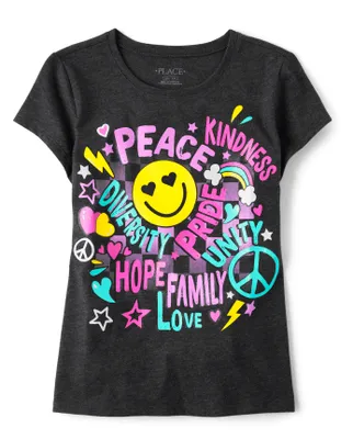 Girls Happy Face Words Graphic Tee
