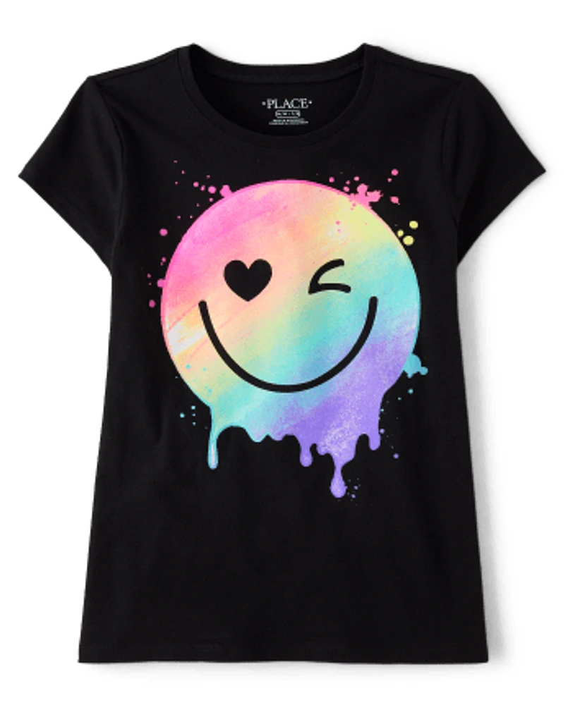 Girls Rainbow Happy Face Graphic Tee