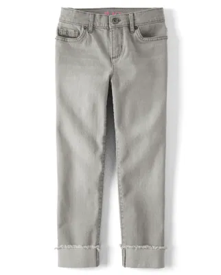 Girls Distressed Roll Cuff Straight Jeans