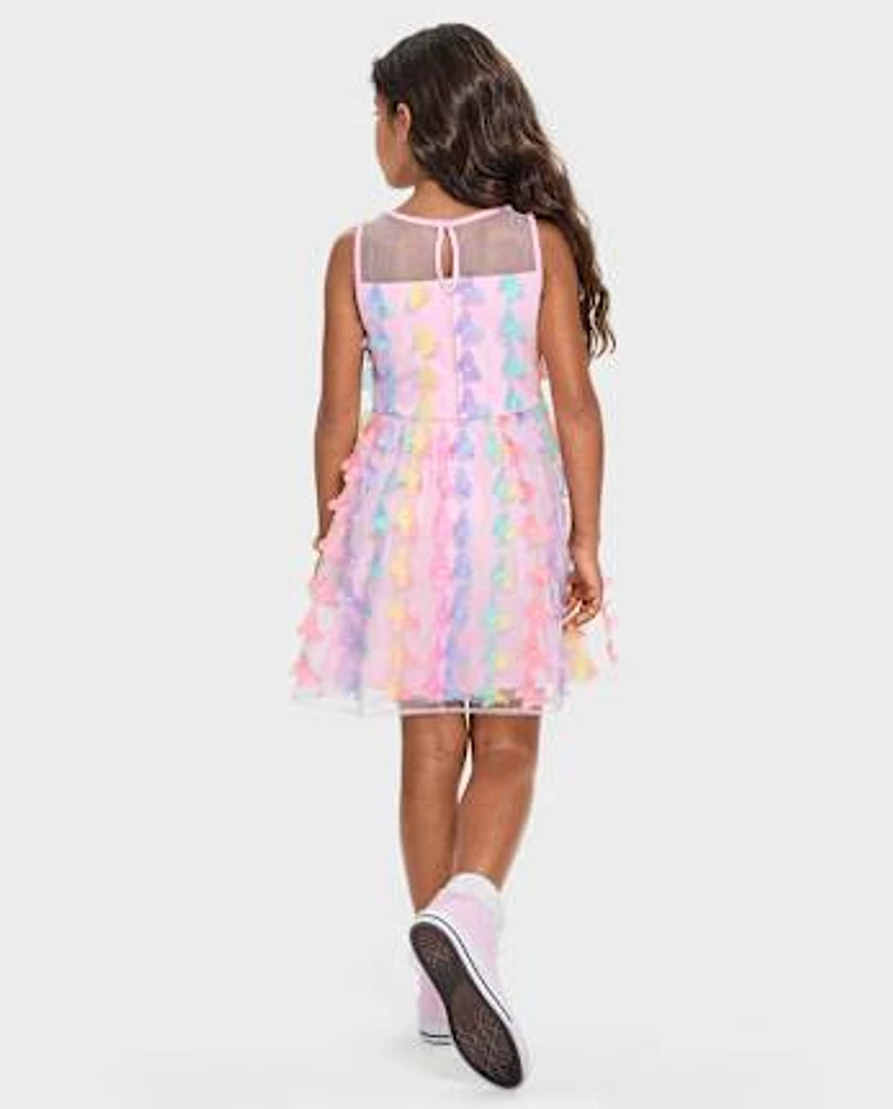 Girls Rainbow 3D Butterfly Mesh Fit And Flare Dress