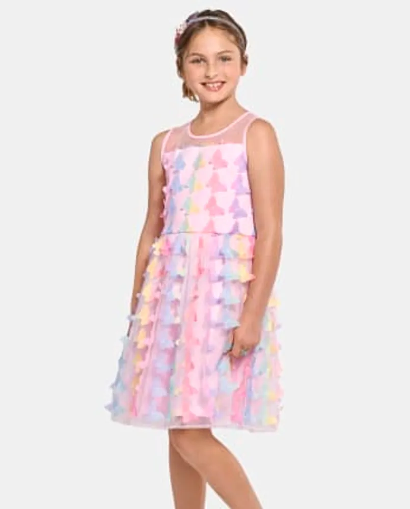 Girls Rainbow 3D Butterfly Mesh Fit And Flare Dress