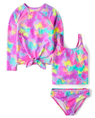 Girls Tie Dye Palm Tree 3-Piece Swimsuit