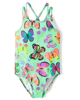Girls Butterfly Cross-Back One Piece Swimsuit