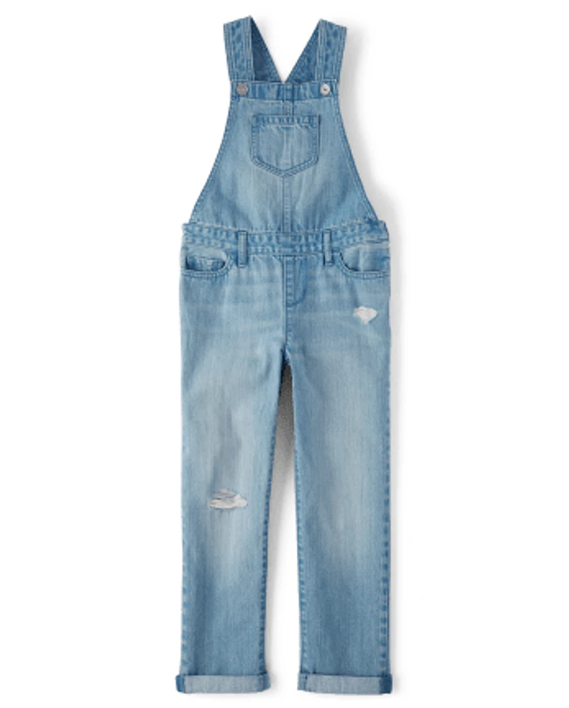 Girls Roll Cuff Denim Overalls