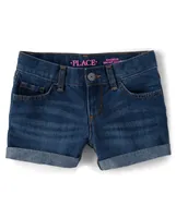 Girls Roll Cuff Denim Shortie Shorts