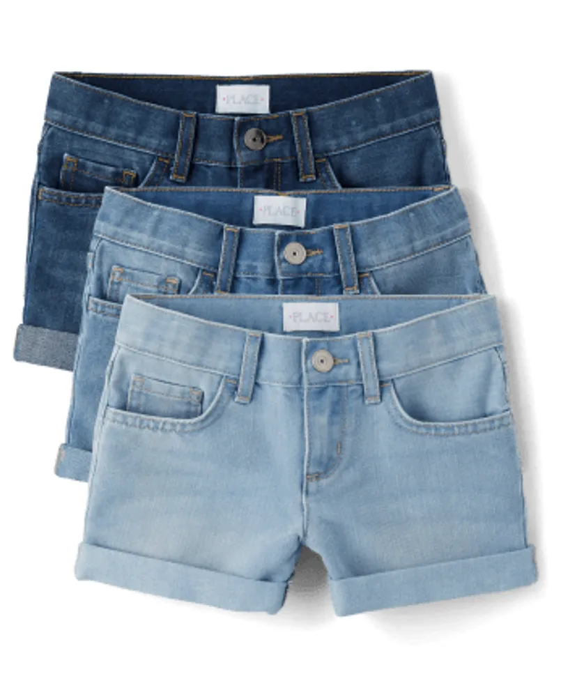 Girls Roll Cuff Denim Shortie Shorts 3-Pack