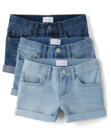 Girls Roll Cuff Denim Shortie Shorts 3-Pack