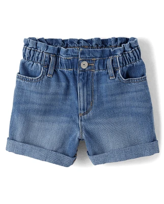 Girls Relaxed Paperbag Waist Denim Shortie Shorts