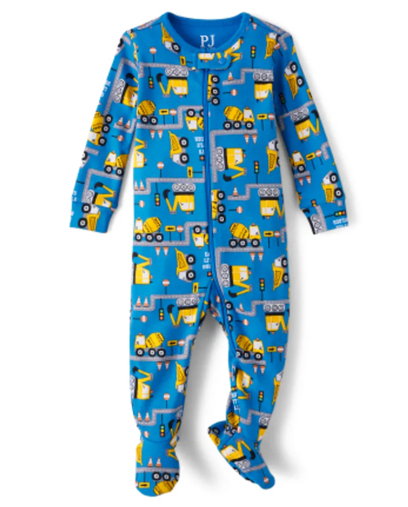 Baby And Toddler Boys Construction Snug Fit Cotton Footed One Piece Pajamas