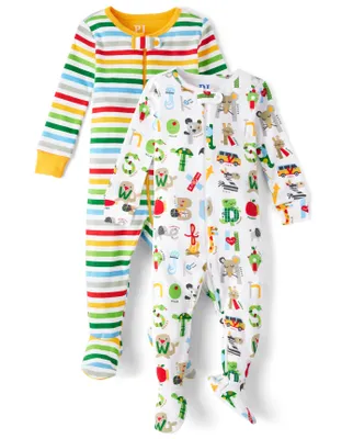Unisex Baby Alphabet Striped Snug Fit Cotton Footed One Piece Pajamas 2-Pack