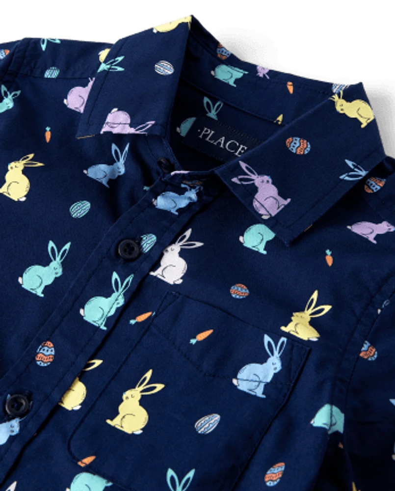 Chemise boutonnée en popeline motif lapin pour garçon