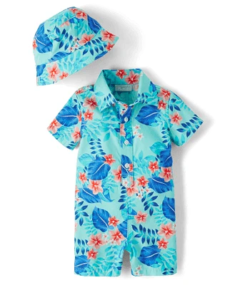 Baby Boys Matching Family Tropical Poplin Romper 2-Piece Outfit Set