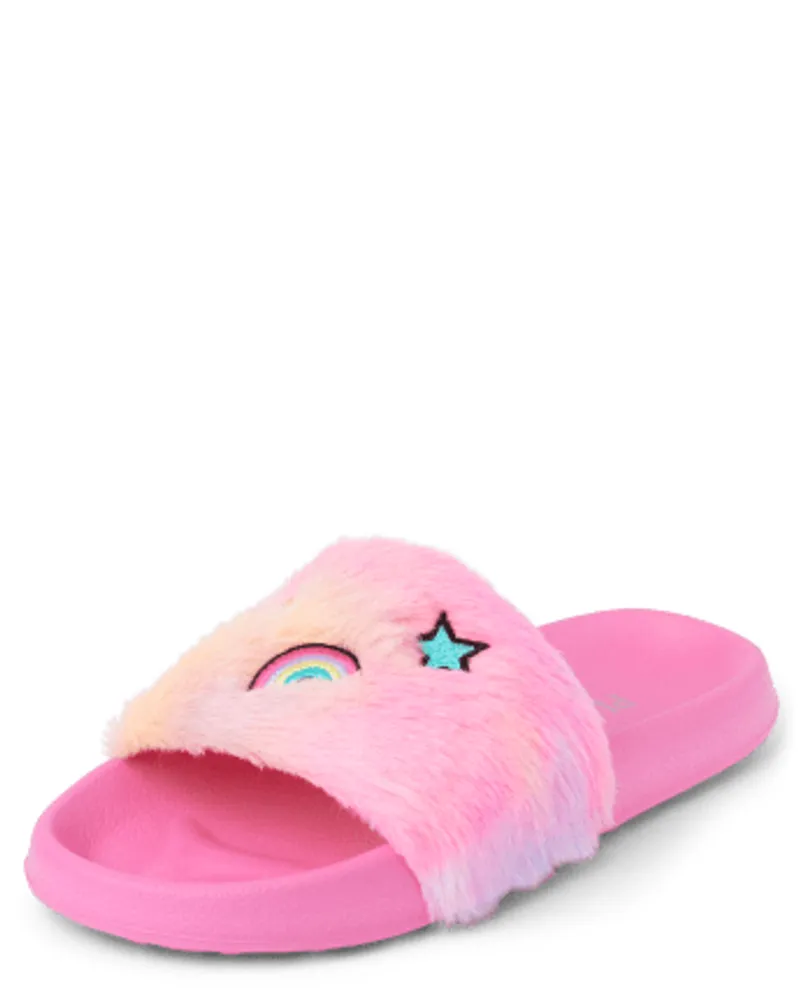 Girls Embroidered Icon Faux Fur Slides